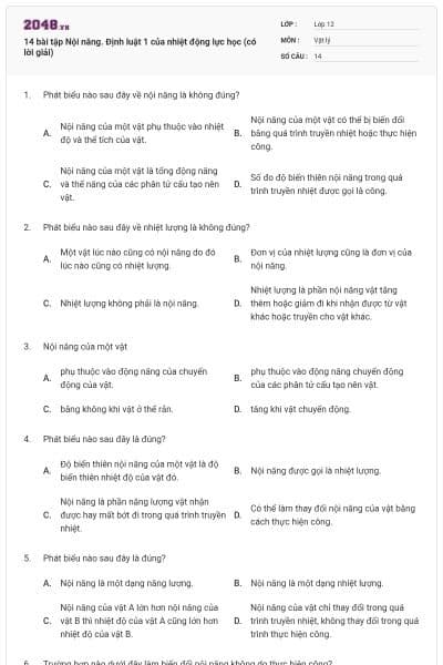 14 bài tập Nội năng. Định luật 1 của nhiệt động lực học (có lời giải)