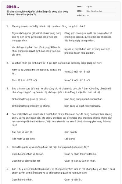 50 câu trắc nghiệm Quyền bình đẳng của công dân trong lĩnh vực hôn nhân (phần 2)