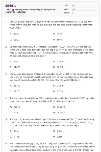 13 bài tập Phương trình cân bằng nhiệt và các quá trình chuyển thể (có lời giải)