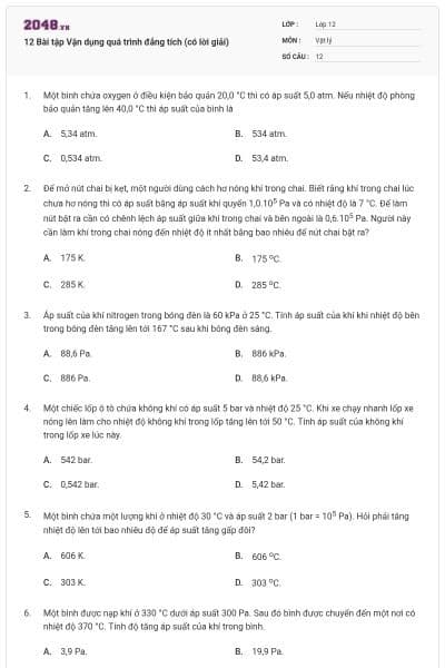 12 Bài tập Vận dụng quá trình đẳng tích (có lời giải)