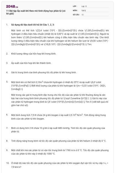 11 Bài tập Áp suất khí theo mô hình động học phân tử (có lời giải)
