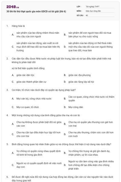 30 Đề thi thử thpt quốc gia môn GDCD có lời giải (Đề 6)