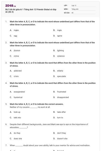 Bộ 5 đề thi giữa kì 1 Tiếng Anh 12 Friends Global có đáp án (đề 3)