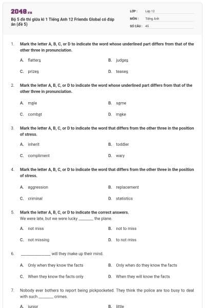 Bộ 5 đề thi giữa kì 1 Tiếng Anh 12 Friends Global có đáp án (đề 5)