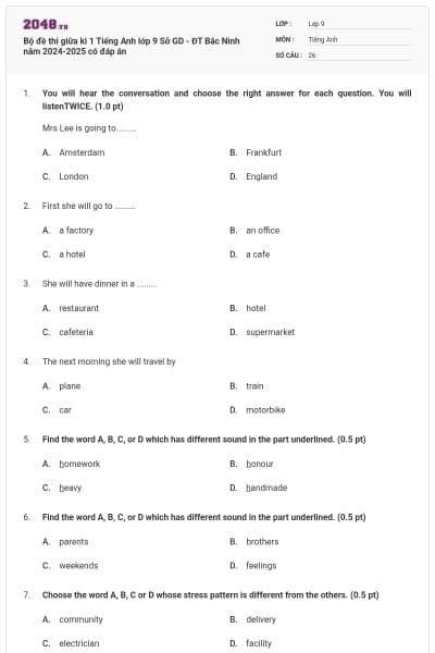 Bộ đề thi giữa kì 1 Tiếng Anh lớp 9 Sở GD - ĐT Bắc Ninh năm 2024-2025 có đáp án