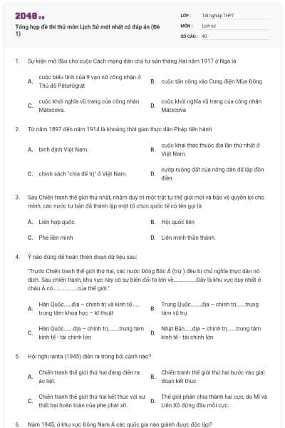 Tổng hợp đề thi thử môn Lịch Sử mới nhất có đáp án (Đề 1)