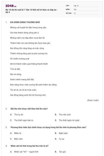 Bộ 10 đề thi cuối kì 1 Văn 10 Kết nối tri thức có đáp án - Đề 4