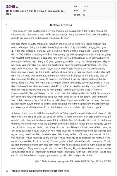 Bộ 10 đề thi cuối kì 1 Văn 10 Kết nối tri thức có đáp án - Đề 6