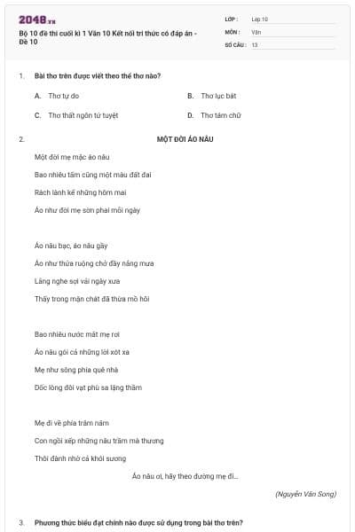 Bộ 10 đề thi cuối kì 1 Văn 10 Kết nối tri thức có đáp án - Đề 10