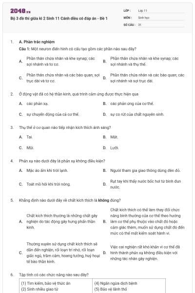 Bộ 3 đề thi giữa kì 2 Sinh 11 Cánh diều có đáp án - Đề 1