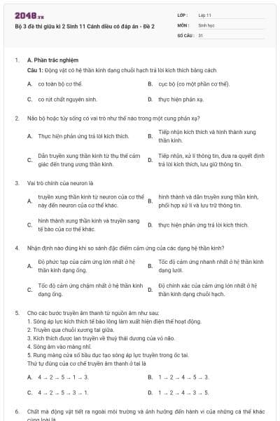 Bộ 3 đề thi giữa kì 2 Sinh 11 Cánh diều có đáp án - Đề 2