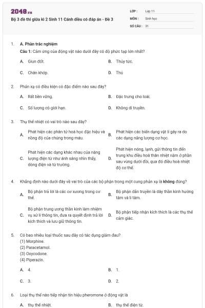 Bộ 3 đề thi giữa kì 2 Sinh 11 Cánh diều có đáp án - Đề 3