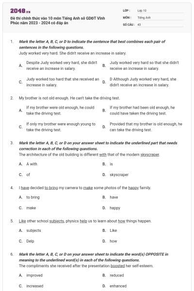 Đề thi chính thức vào 10 môn Tiếng Anh sở GDĐT Vĩnh Phúc năm 2023 - 2024 có đáp án