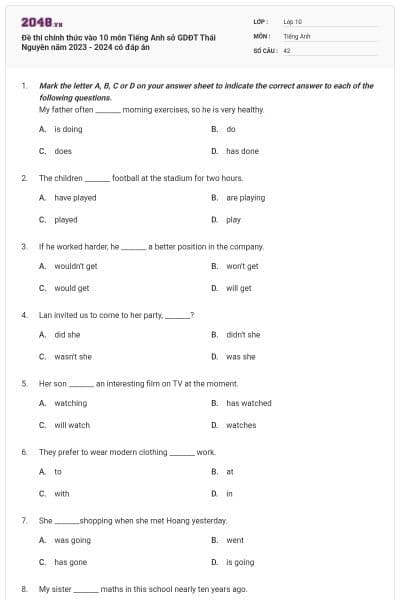 Đề thi chính thức vào 10 môn Tiếng Anh sở GDĐT Thái Nguyên năm 2023 - 2024 có đáp án
