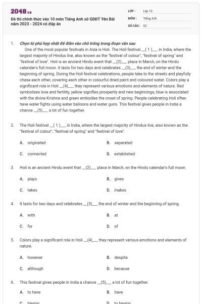 Đề thi chính thức vào 10 môn Tiếng Anh sở GDĐT Yên Bái năm 2023 - 2024 có đáp án