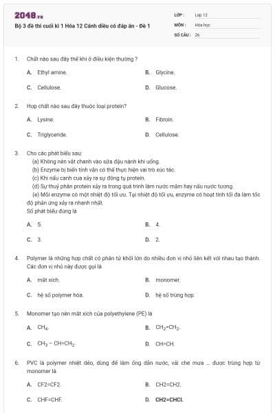 Bộ 3 đề thi cuối kì 1 Hóa 12 Cánh diều có đáp án - Đề 1
