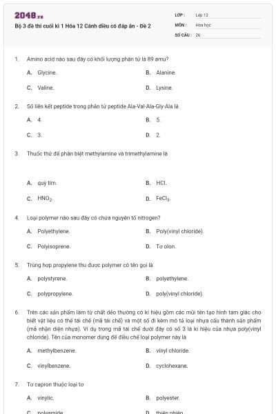 Bộ 3 đề thi cuối kì 1 Hóa 12 Cánh diều có đáp án - Đề 2