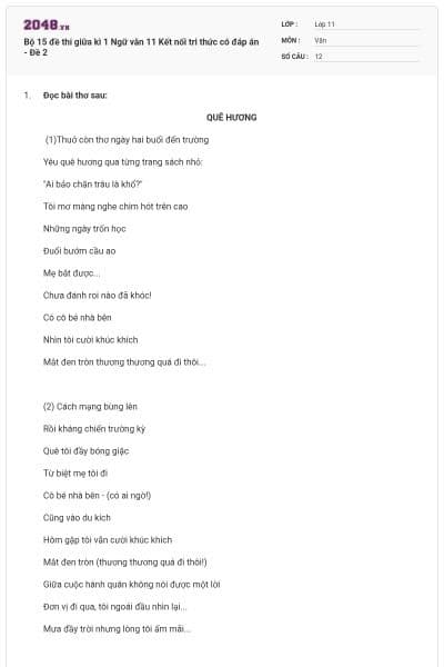 Bộ 15 đề thi giữa kì 1 Ngữ văn 11 Kết nối tri thức có đáp án - Đề 2