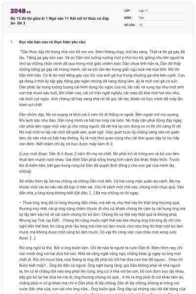 Bộ 15 đề thi giữa kì 1 Ngữ văn 11 Kết nối tri thức có đáp án- Đề 3