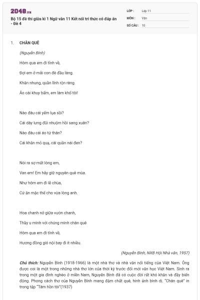 Bộ 15 đề thi giữa kì 1 Ngữ văn 11 Kết nối tri thức có đáp án - Đề 4