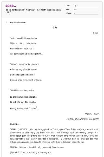 Bộ 15 đề thi giữa kì 1 Ngữ văn 11 Kết nối tri thức có đáp án - Đề 5