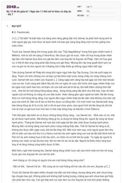 Bộ 15 đề thi giữa kì 1 Ngữ văn 11 Kết nối tri thức có đáp án - Đề 7