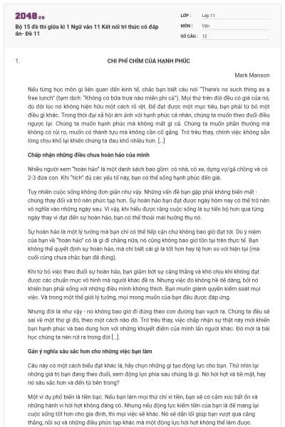 Bộ 15 đề thi giữa kì 1 Ngữ văn 11 Kết nối tri thức có đáp án- Đề 11