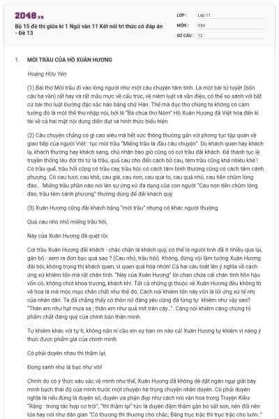 Bộ 15 đề thi giữa kì 1 Ngữ văn 11 Kết nối tri thức có đáp án - Đề 13