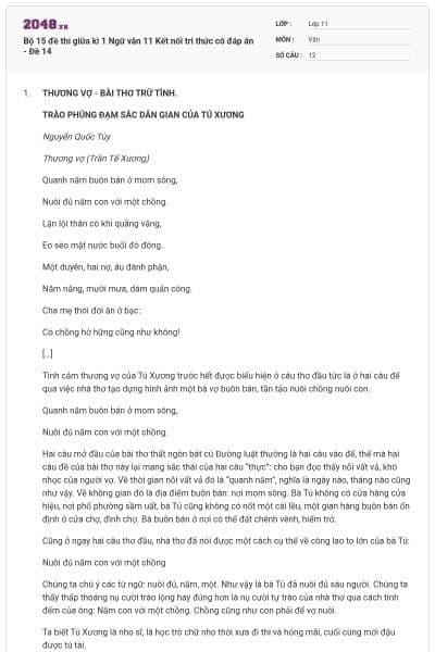 Bộ 15 đề thi giữa kì 1 Ngữ văn 11 Kết nối tri thức có đáp án - Đề 14