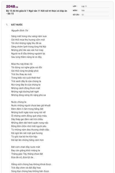 Bộ 15 đề thi giữa kì 1 Ngữ văn 11 Kết nối tri thức có đáp án - Đề 15
