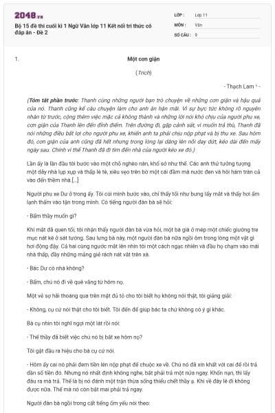 Bộ 15 đề thi cuối kì 1 Ngữ Văn lớp 11 Kết nối tri thức có đáp án - Đề 2