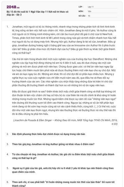 Bộ 15 đề thi cuối kì 1 Ngữ Văn lớp 11 Kết nối tri thức có đáp án - Đề 3