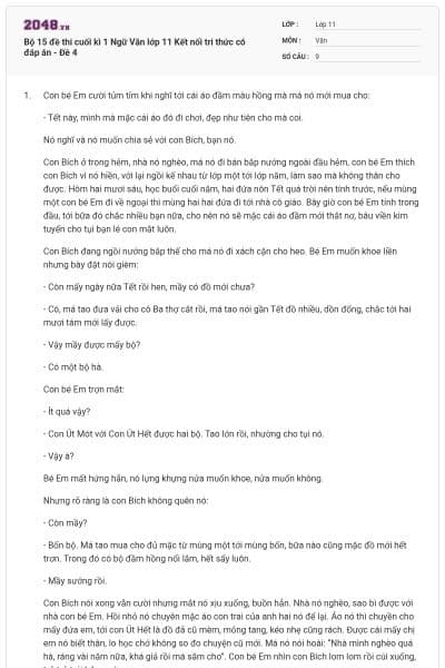 Bộ 15 đề thi cuối kì 1 Ngữ Văn lớp 11 Kết nối tri thức có đáp án - Đề 4