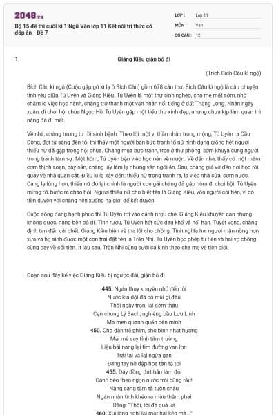 Bộ 15 đề thi cuối kì 1 Ngữ Văn lớp 11 Kết nối tri thức có đáp án - Đề 7