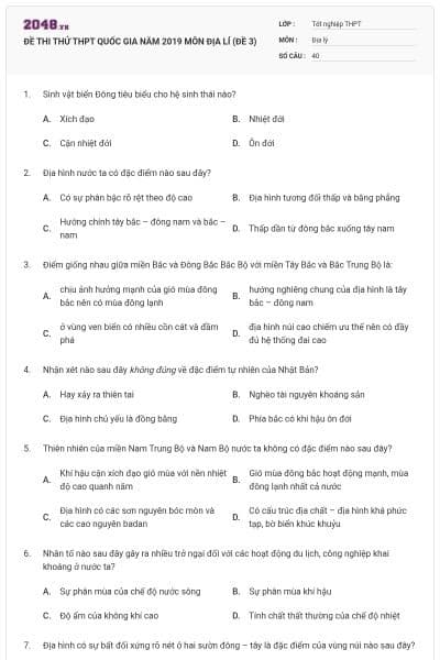 ĐỀ THI THỬ THPT QUỐC GIA NĂM 2019 MÔN ĐỊA LÍ (ĐỀ 3)