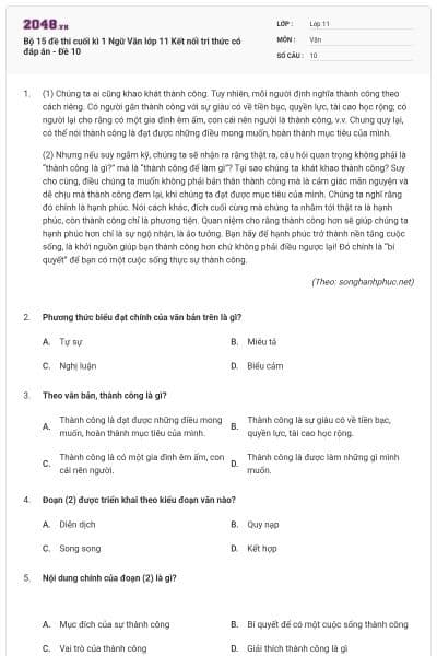 Bộ 15 đề thi cuối kì 1 Ngữ Văn lớp 11 Kết nối tri thức có đáp án - Đề 10