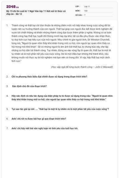 Bộ 15 đề thi cuối kì 1 Ngữ Văn lớp 11 Kết nối tri thức có đáp án - Đề 12