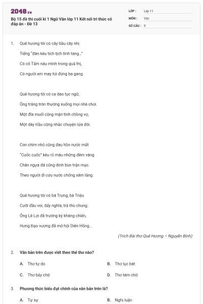 Bộ 15 đề thi cuối kì 1 Ngữ Văn lớp 11 Kết nối tri thức có đáp án - Đề 13