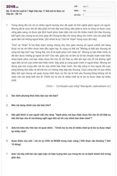 Bộ 15 đề thi cuối kì 1 Ngữ Văn lớp 11 Kết nối tri thức có đáp án - Đề 14
