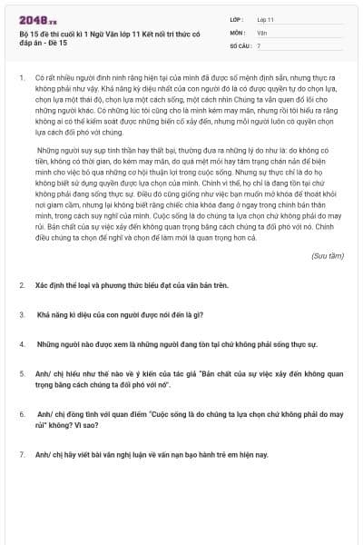 Bộ 15 đề thi cuối kì 1 Ngữ Văn lớp 11 Kết nối tri thức có đáp án - Đề 15