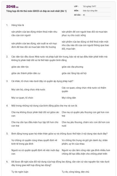 Tổng hợp đề thi thử môn GDCD có đáp án mới nhất (Đề 1)