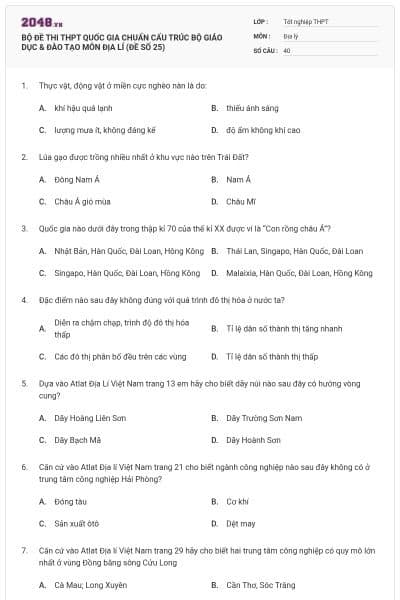 BỘ ĐỀ THI THPT QUỐC GIA CHUẨN CẤU TRÚC BỘ GIÁO DỤC & ĐÀO TẠO MÔN ĐỊA LÍ (ĐỀ SỐ 25)