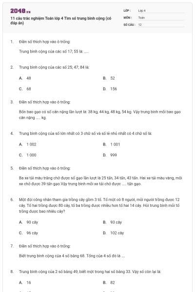 11 câu trắc nghiệm Toán lớp 4 Tìm số trung bình cộng (có đáp án)