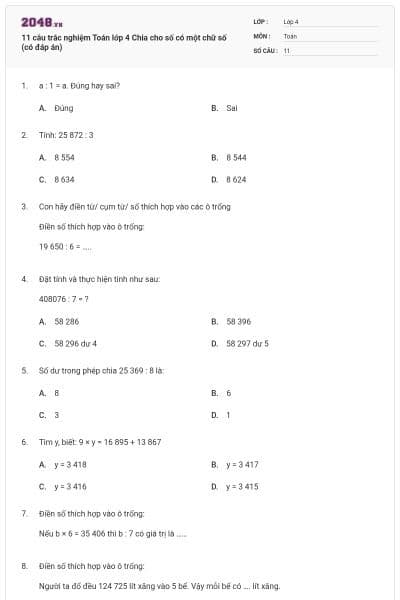 11 câu trắc nghiệm Toán lớp 4 Chia cho số có một chữ số (có đáp án)