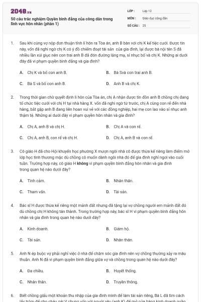 50 câu trắc nghiệm Quyền bình đẳng của công dân trong lĩnh vực hôn nhân (phần 1)