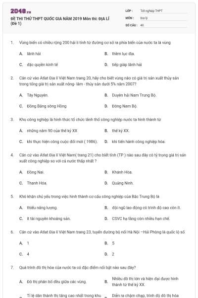 ĐỀ THI THỬ THPT QUỐC GIA NĂM 2019 Môn thi: ĐỊA LÍ (Đề 1)