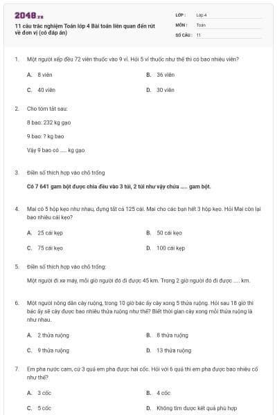 11 câu trắc nghiệm Toán lớp 4 Bài toán liên quan đến rút về đơn vị (có đáp án)