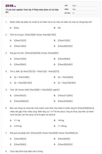 13 câu trắc nghiệm Toán lớp 4 Phép nhân phân số (có đáp án)