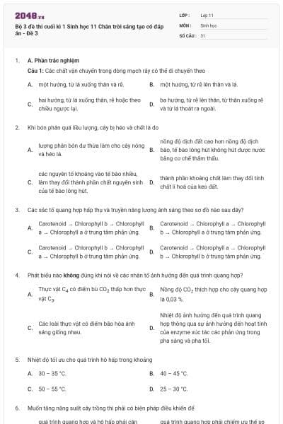 Bộ 3 đề thi cuối kì 1 Sinh học 11 Chân trời sáng tạo có đáp án - Đề 3