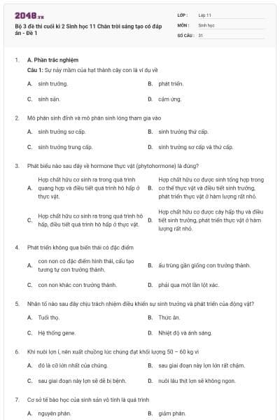 Bộ 3 đề thi cuối kì 2 Sinh học 11 Chân trời sáng tạo có đáp án - Đề 1